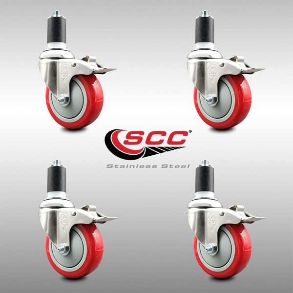Service Caster 4 Inch 316SS Red Poly Swivel 1-1/2 Inch Expanding Stem Caster Set Lock Brake SCC-SS316TTLEX20S414-PPUB-RED-112-4 - main